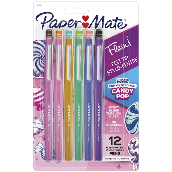 Flair Felt Tip Pens, Medium Point, Candy Pop Pack, 12PK